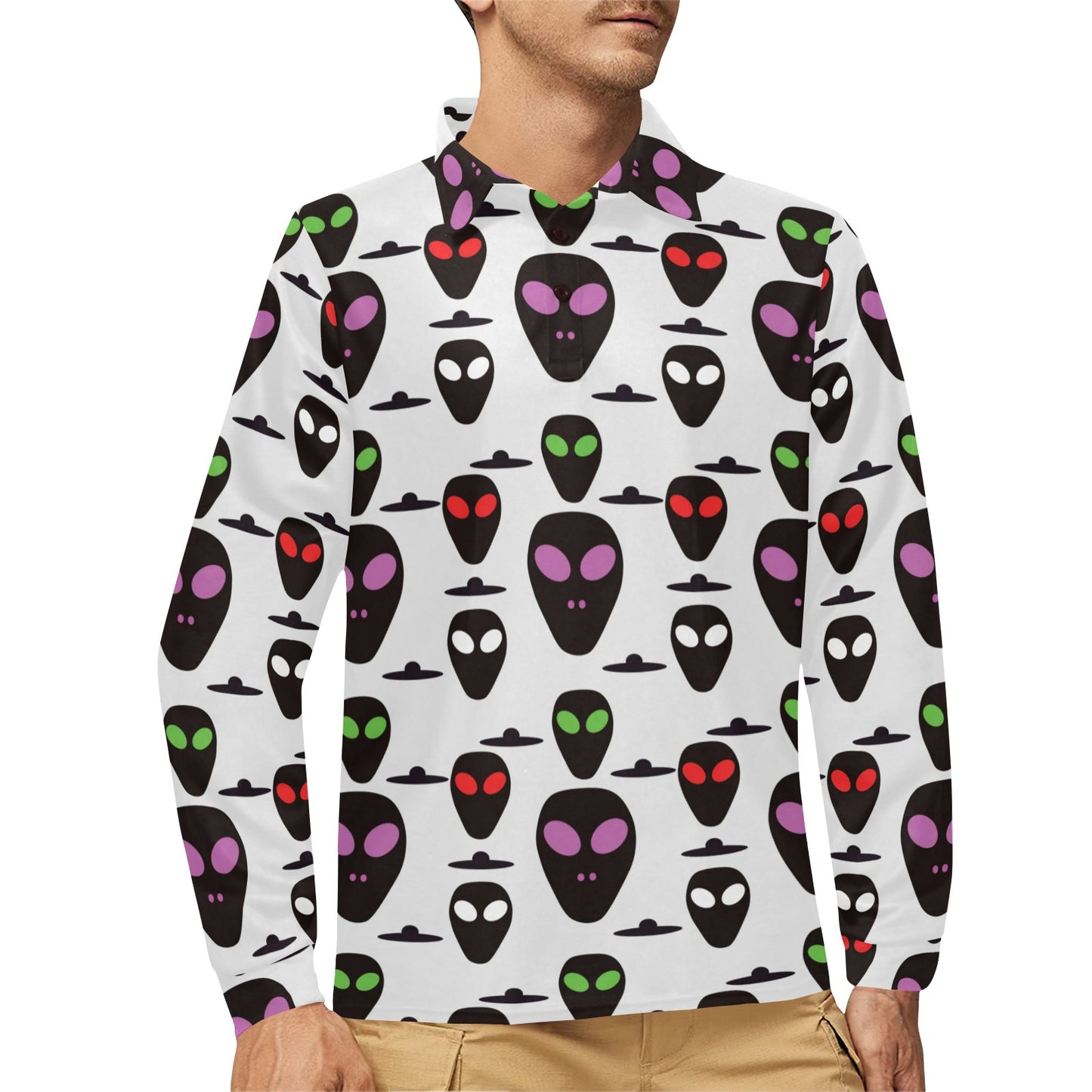 Alien Pattern Print Design 06 Long Sleeve Polo Shirt For Men's