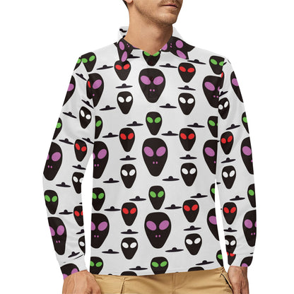 Alien Pattern Print Design 06 Long Sleeve Polo Shirt For Men's