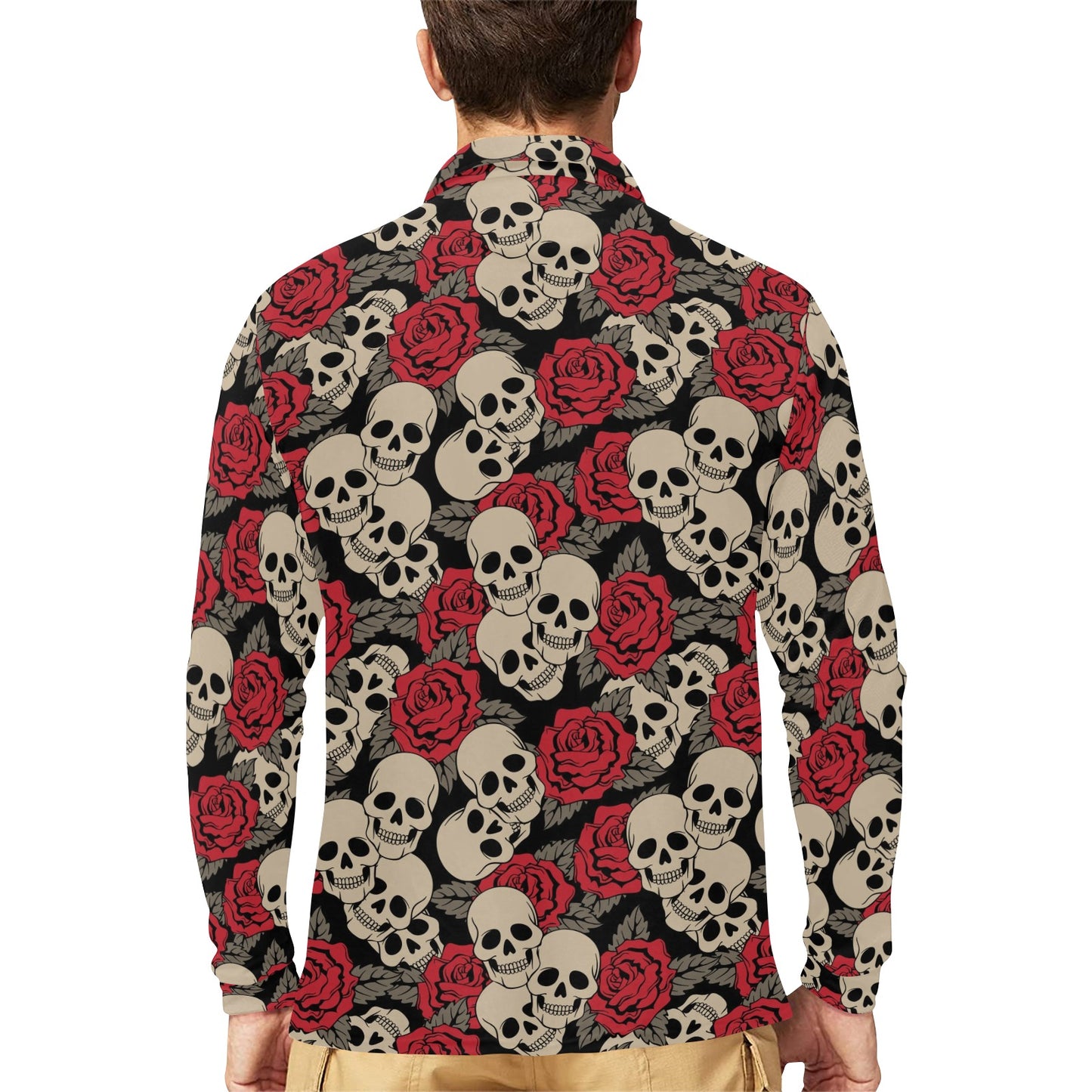 Skull And Roses Print Design LKS301 Long Sleeve Polo Shirt For Men's