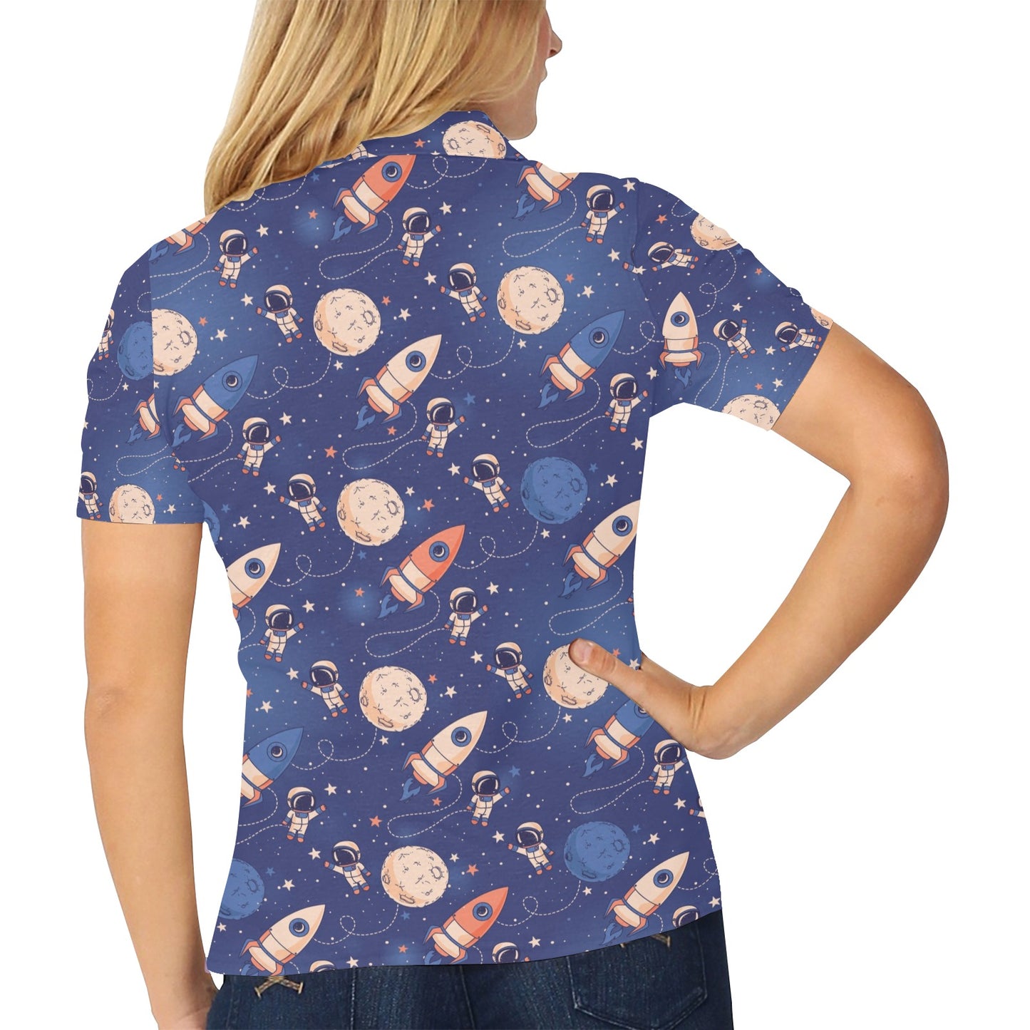 Space Astronaut Rocket Print Design LKS304 Women's Polo Shirt