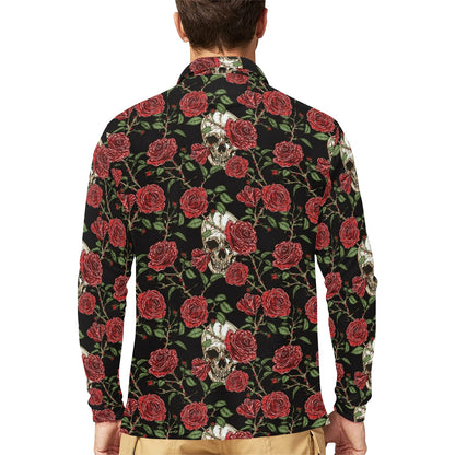 Skull And Roses Print Design LKS303 Long Sleeve Polo Shirt For Men's