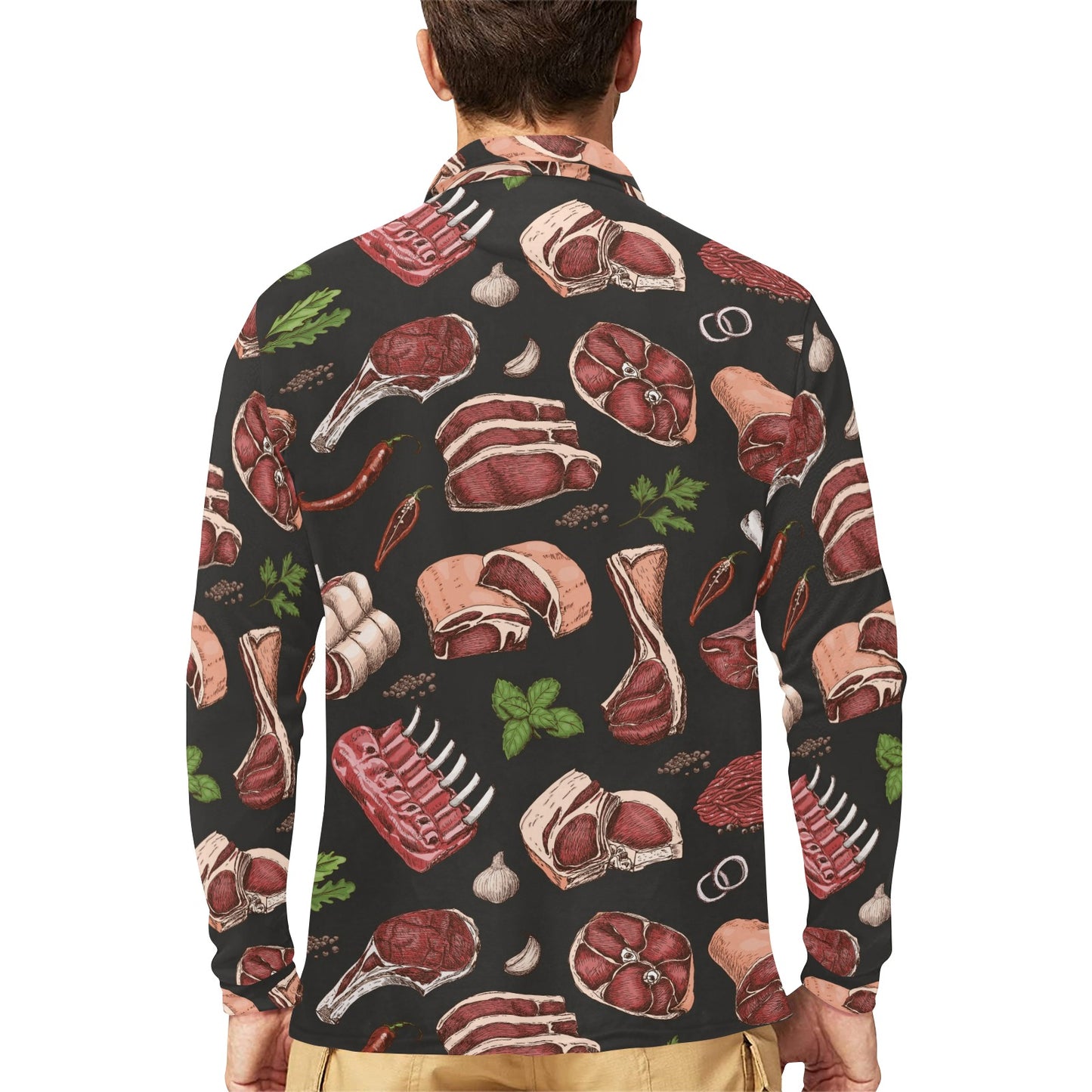 Meat Pattern Print Design 02 Long Sleeve Polo Shirt For Men's