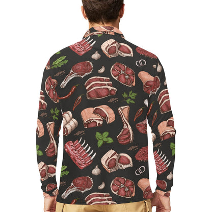 Meat Pattern Print Design 02 Long Sleeve Polo Shirt For Men's