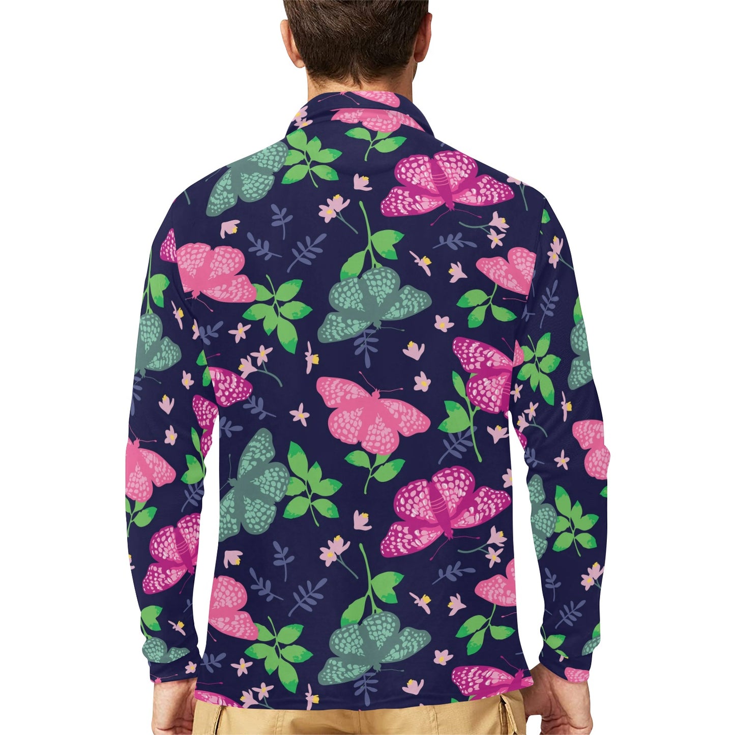 Monarch Butterfly Pattern Print Design 03 Long Sleeve Polo Shirt For Men's