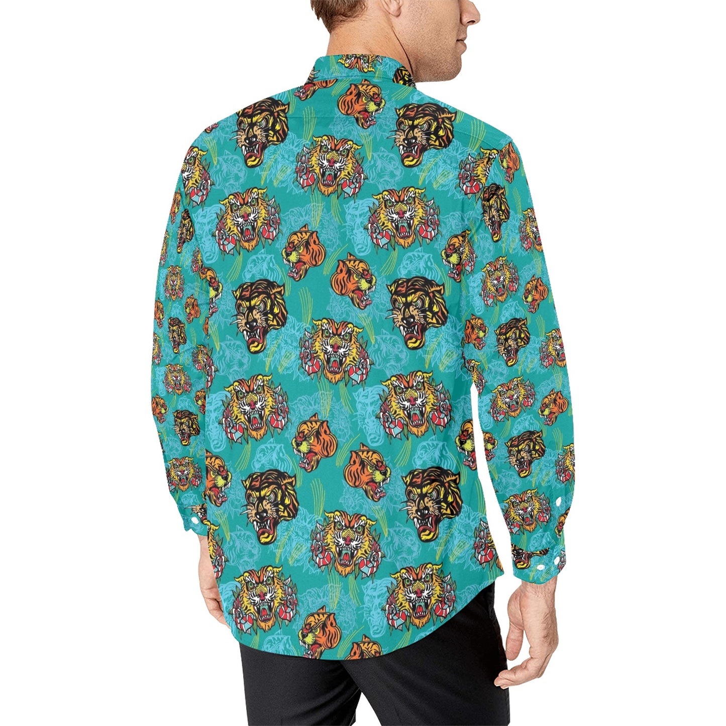 Tattoo Tiger Head Print Design LKS304 Men's Long Sleeve Dress Shirt