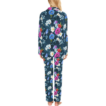 Floral Blue Themed Print Women's Long Pajama Set