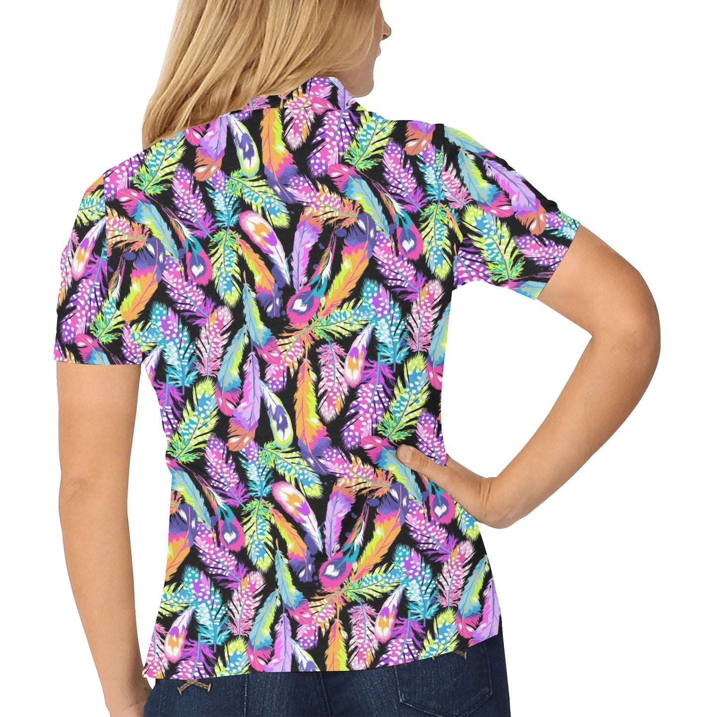 Neon Feather Pattern Print Design A02 Women's Polo Shirt