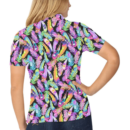 Neon Feather Pattern Print Design A02 Women's Polo Shirt