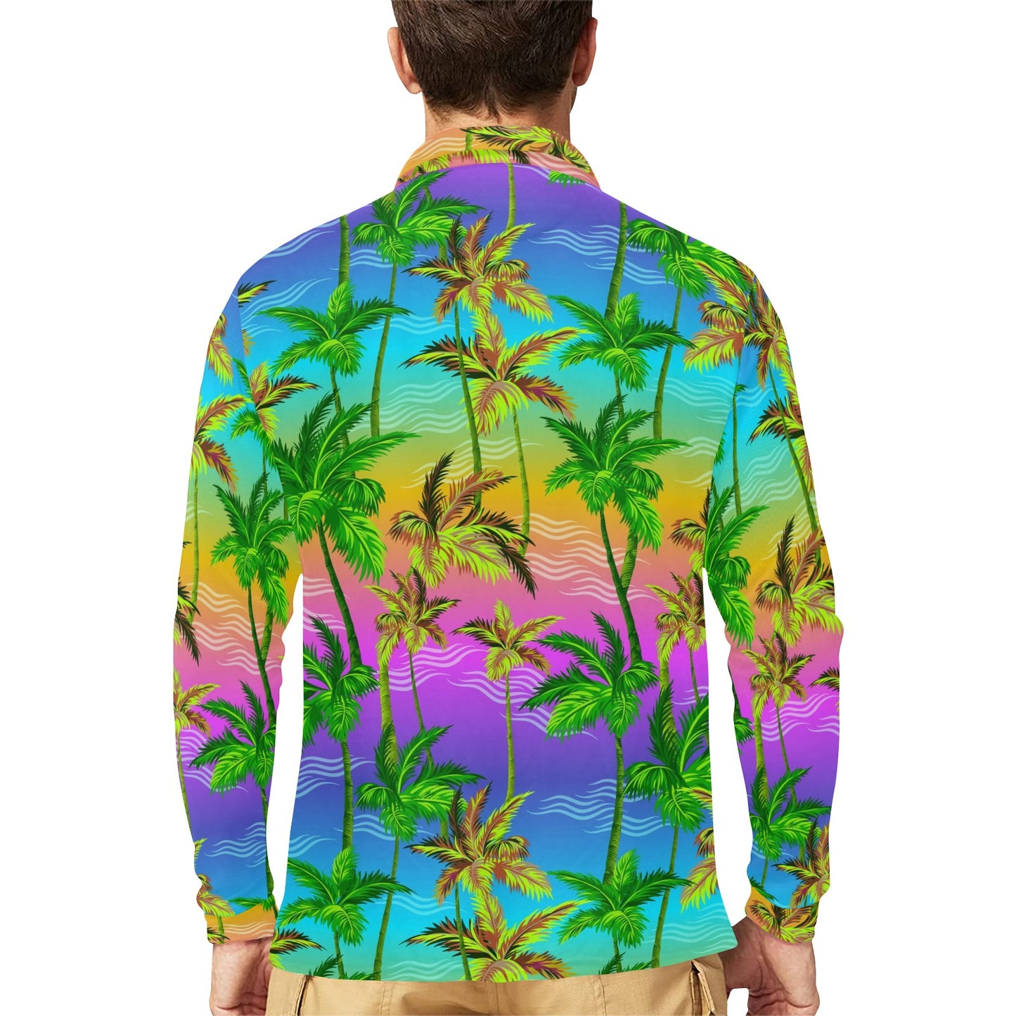 Palm Tree Rainbow Pattern Long Sleeve Polo Shirt For Men's