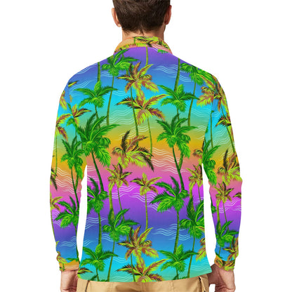 Palm Tree Rainbow Pattern Long Sleeve Polo Shirt For Men's