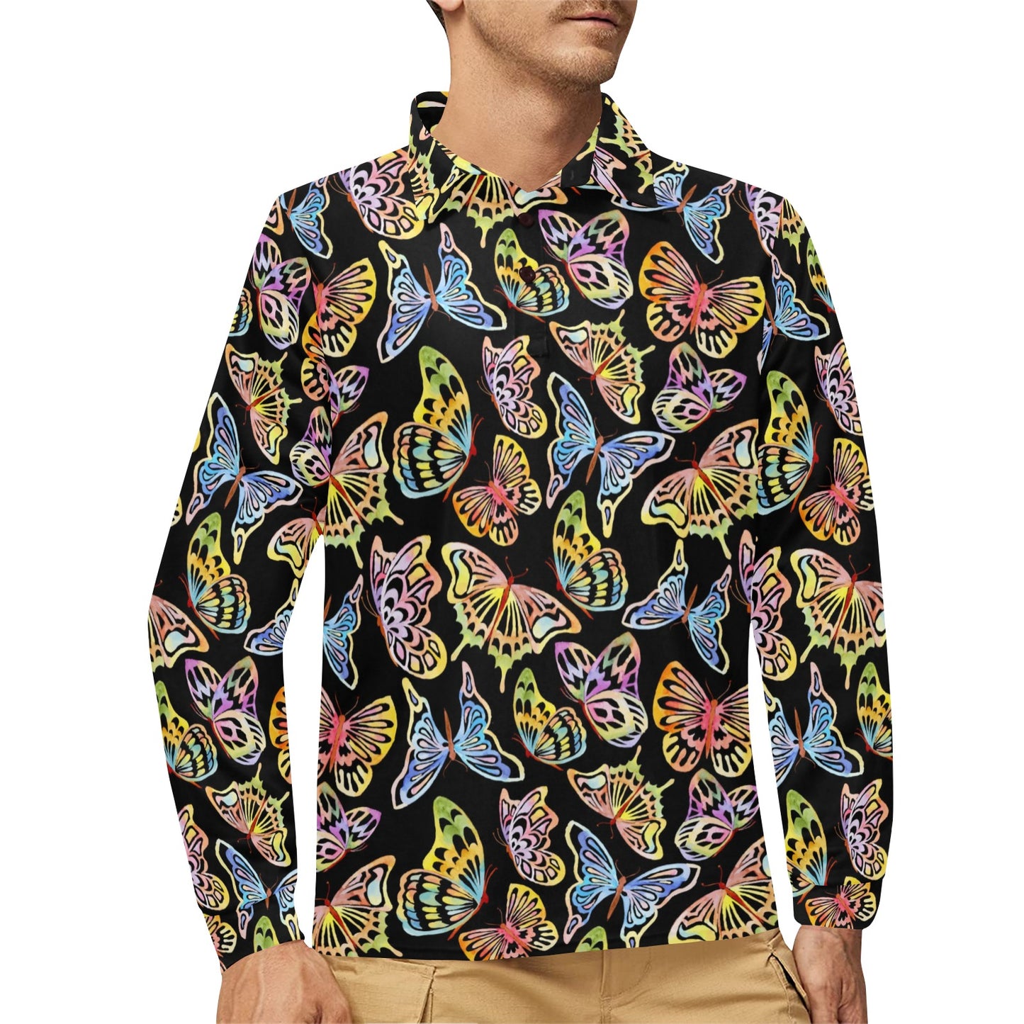 Butterfly Water Color Rainbow Long Sleeve Polo Shirt For Men's