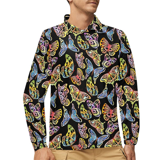 Butterfly Water Color Rainbow Long Sleeve Polo Shirt For Men's