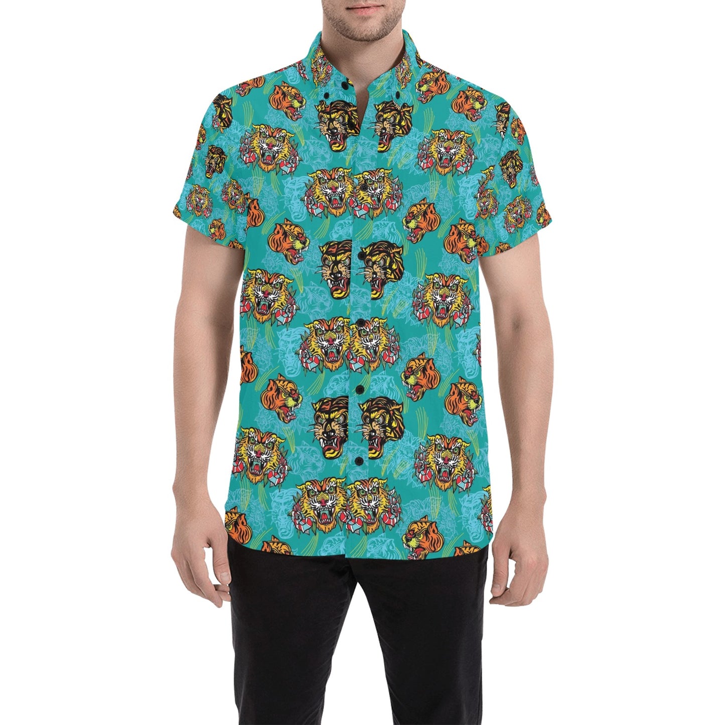 Tattoo Tiger Head Print Design LKS304 Men Short Sleeve Button Up Shirt