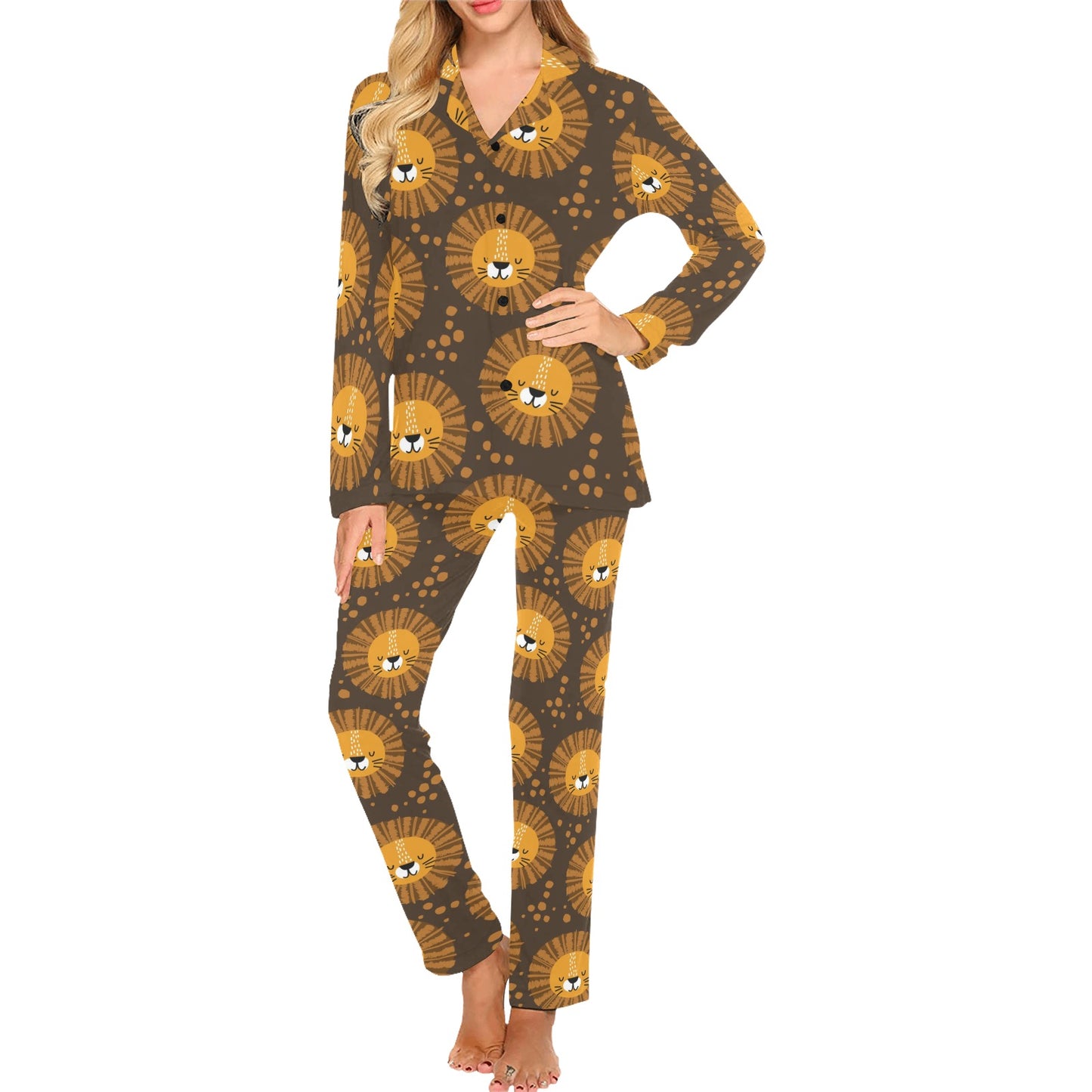 Lion Cartoon Pattern Print Design 01 Women's Long Pajama Set