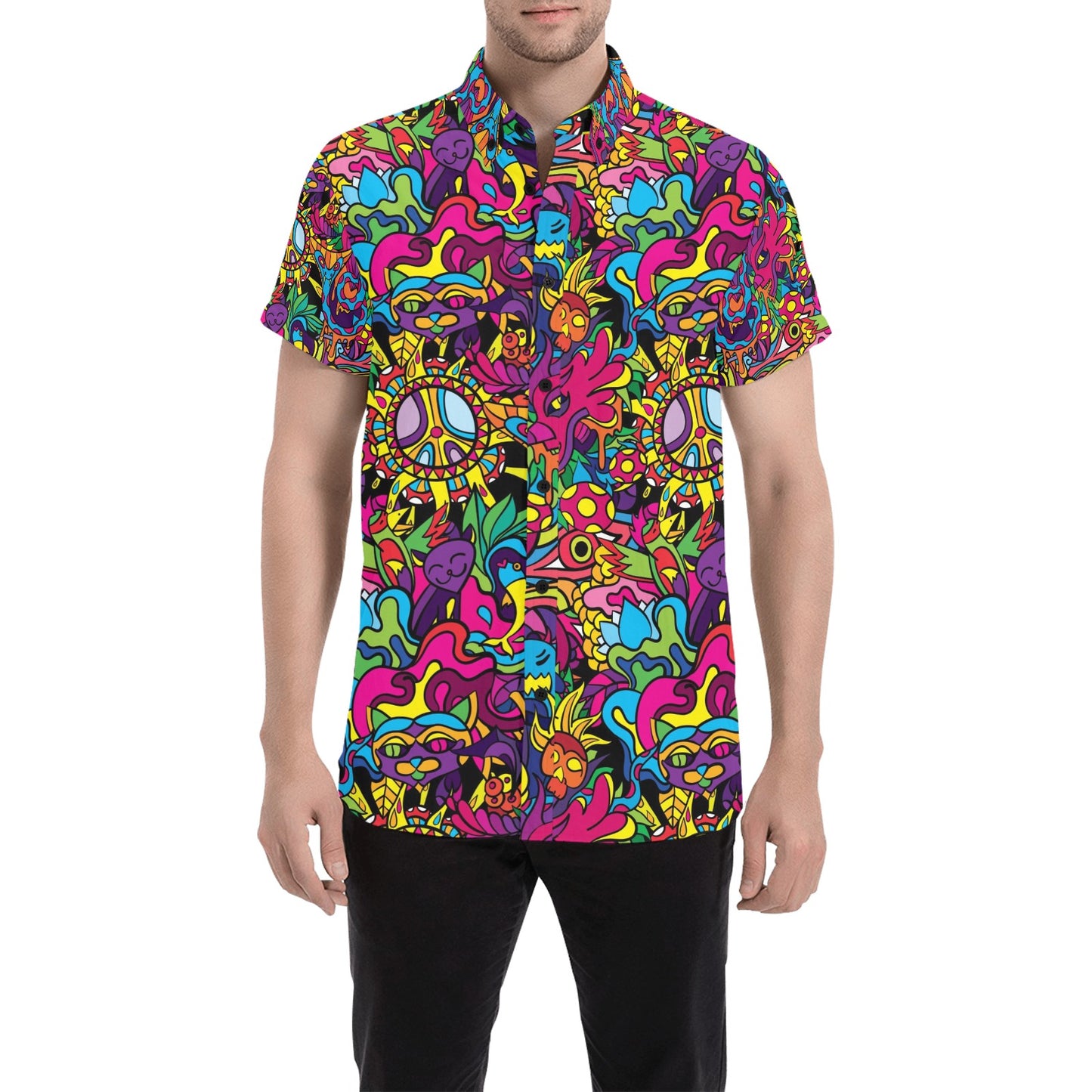 Trippy Print Design LKS304 Men Short Sleeve Button Up Shirt