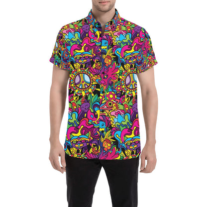 Trippy Print Design LKS304 Men Short Sleeve Button Up Shirt