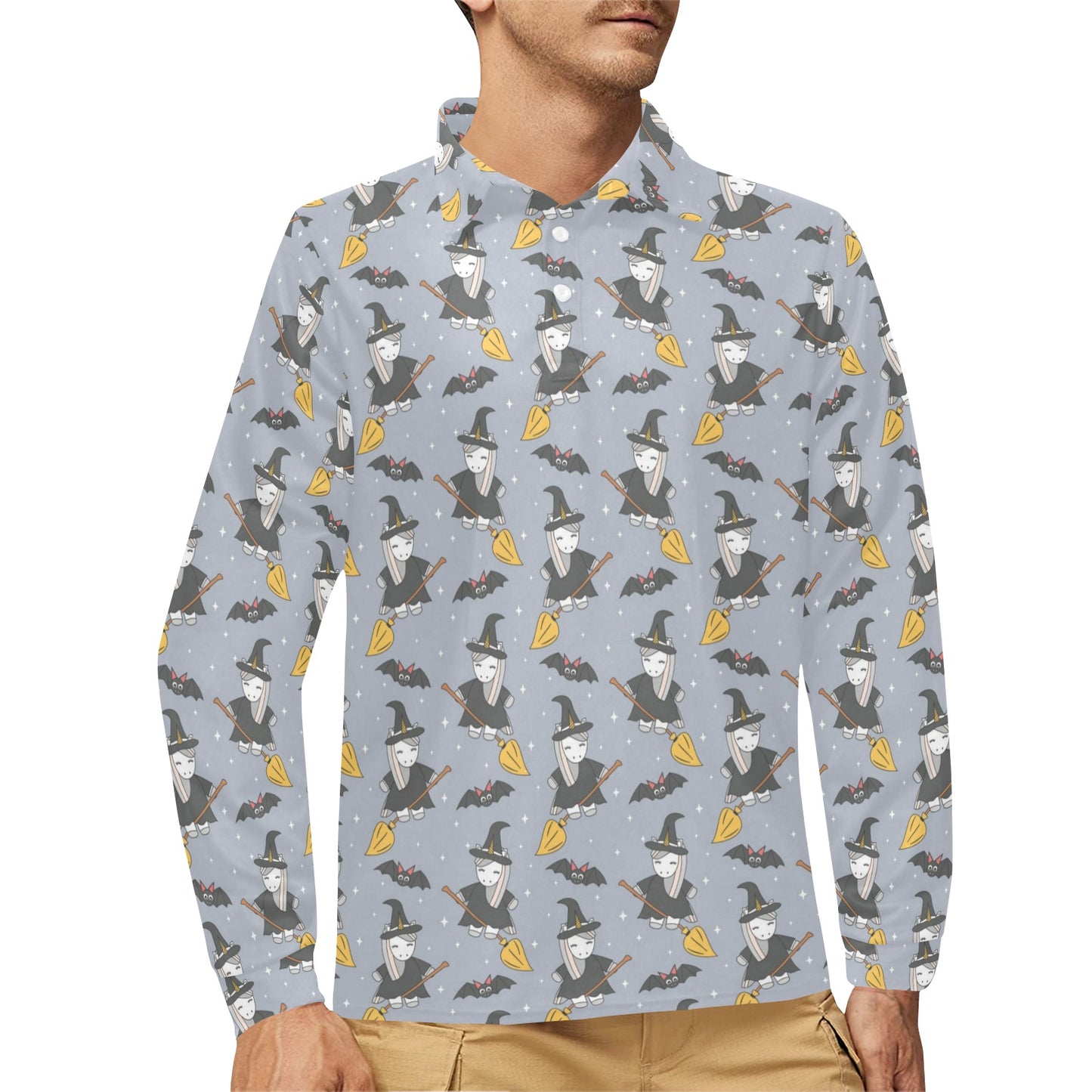 Witch Print Design LKS307 Long Sleeve Polo Shirt For Men's