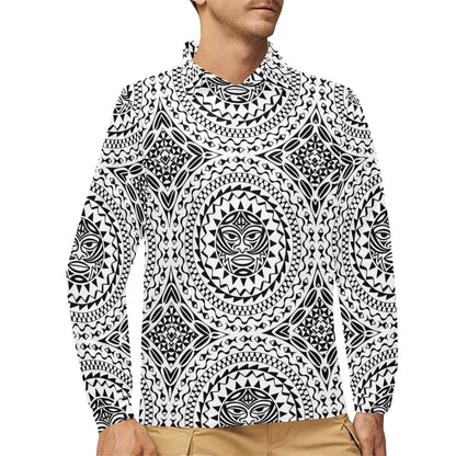 Polynesian Tribal Mask Long Sleeve Polo Shirt For Men's