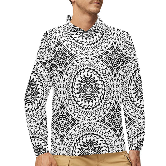 Polynesian Tribal Mask Long Sleeve Polo Shirt For Men's