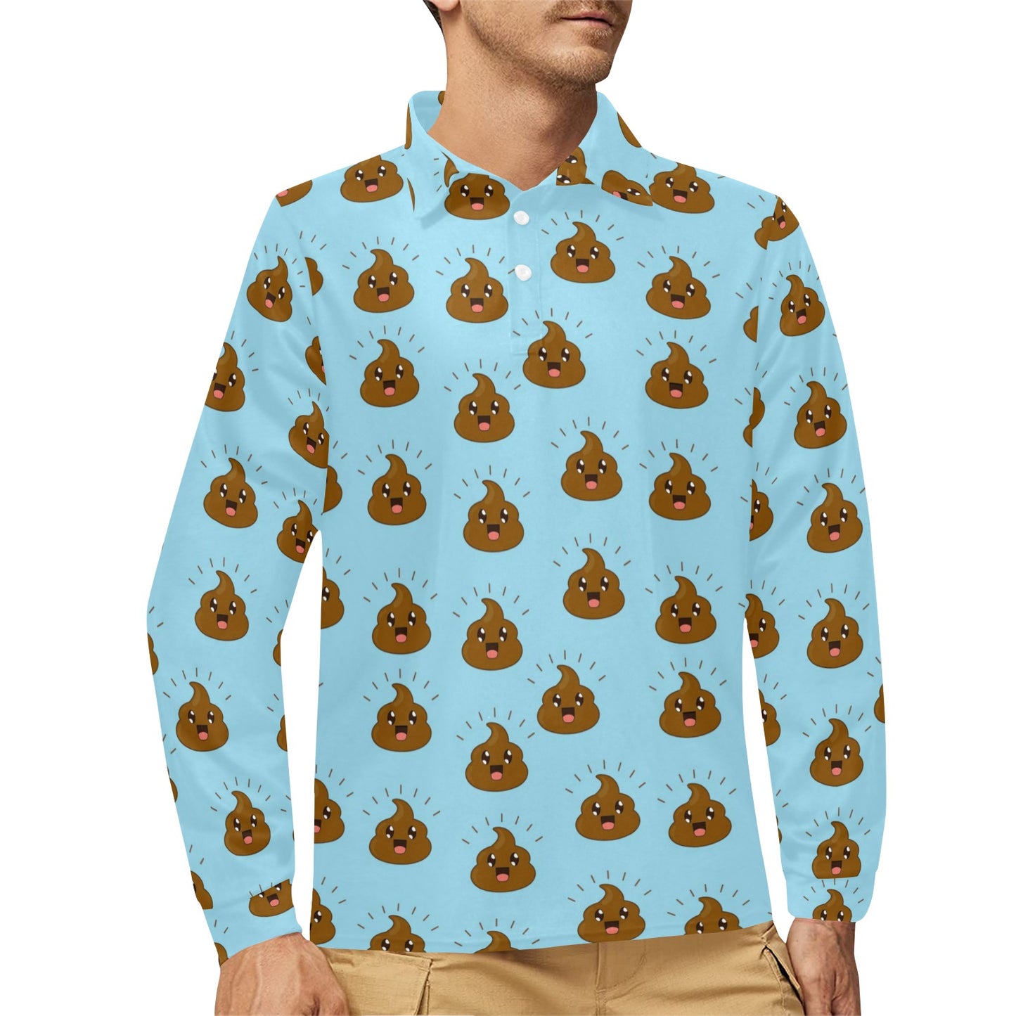 Poop Emoji Pattern Print Design A03 Long Sleeve Polo Shirt For Men's