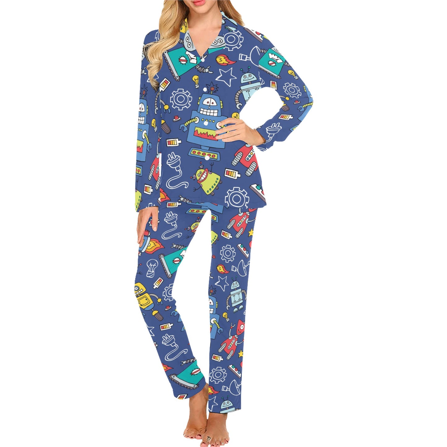 Robot Pattern Print Design A03 Women's Long Pajama Set