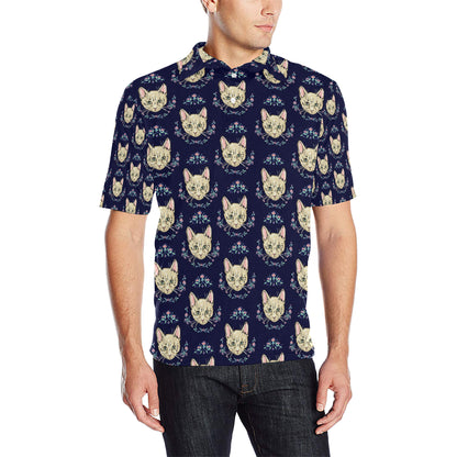 Cat Head with flower Print Pattern Men Polo Shirt