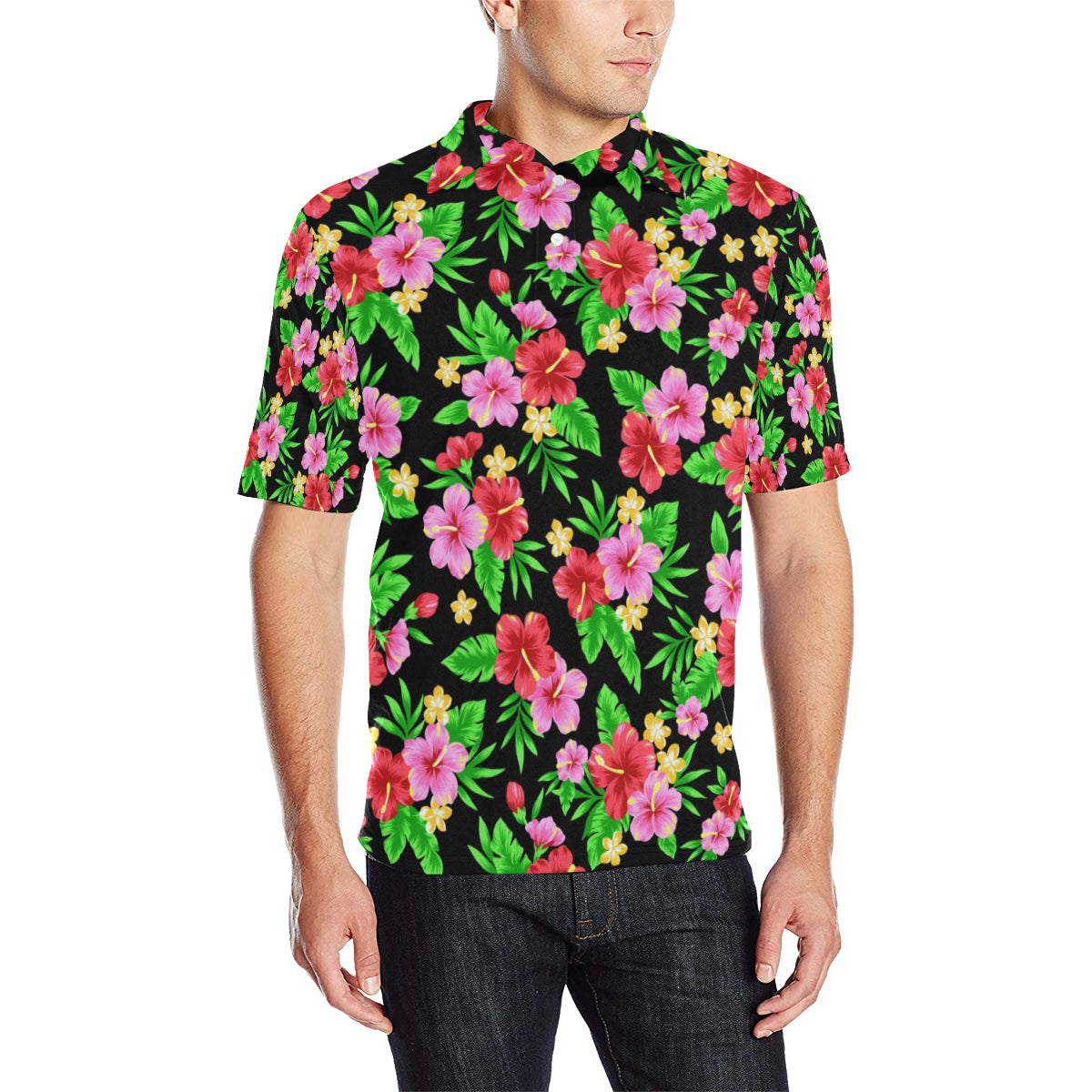 Pink Red Hibiscus Pattern Print Design HB023 Men Polo Shirt