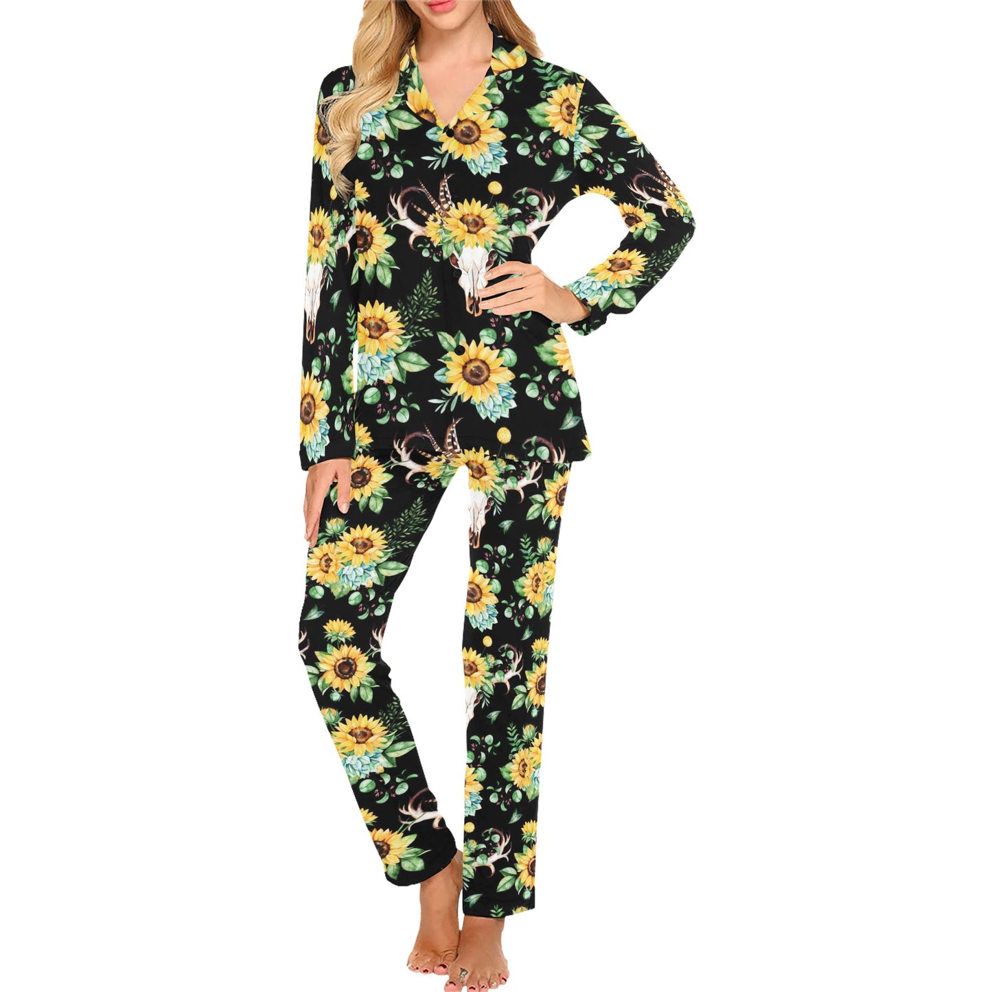 Sunflower Pattern Print Design SF08 Women's Long Pajama Set
