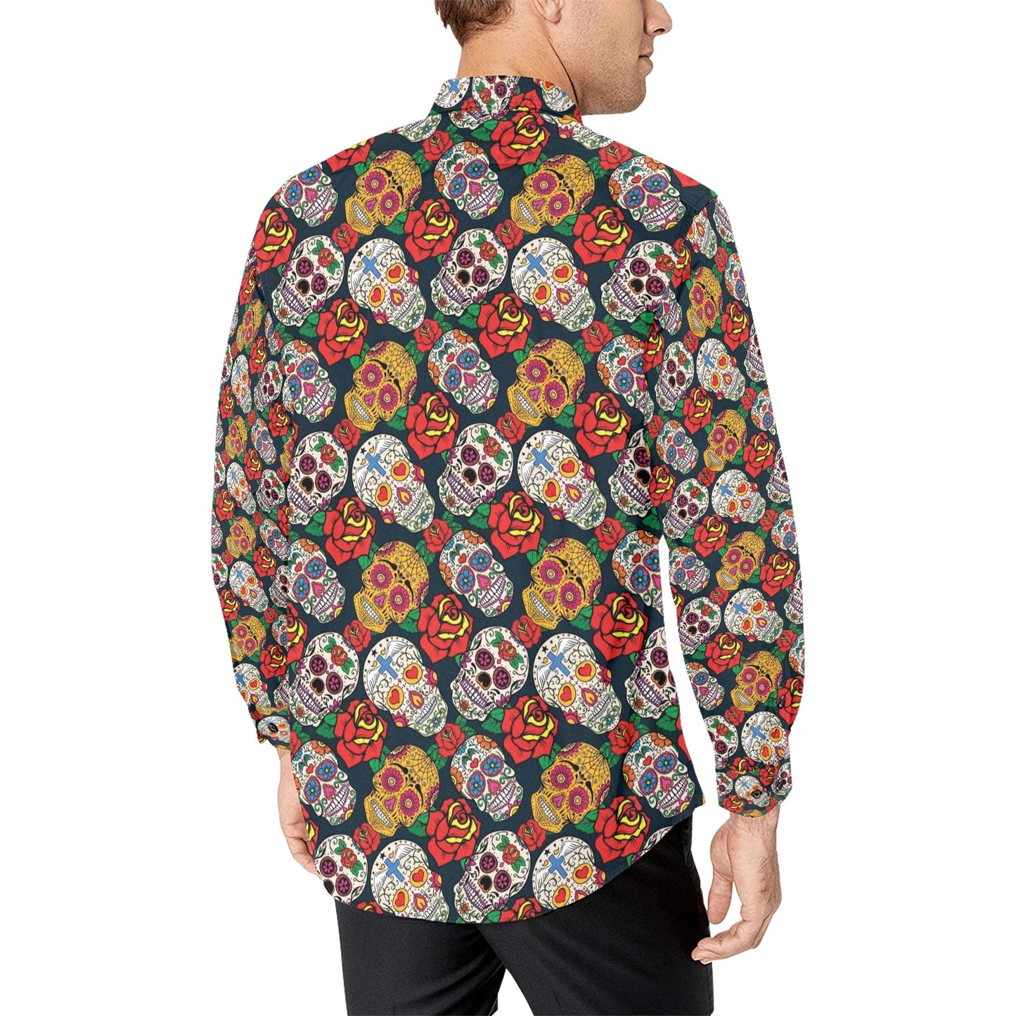 Sugar Skull Print Design LKS306 Men's Long Sleeve Dress Shirt