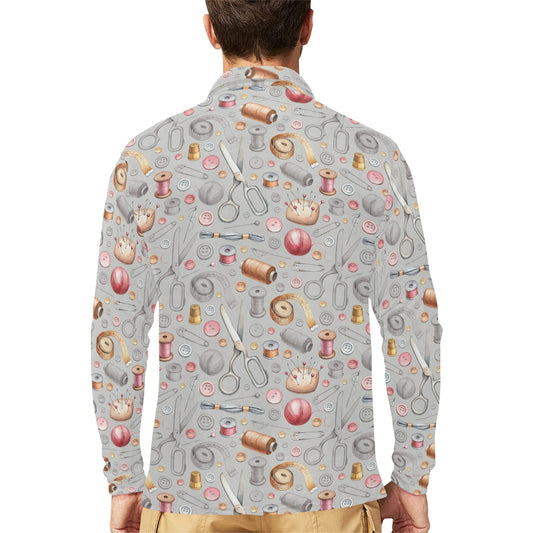 Sewing Equipment Print Design LKS302 Long Sleeve Polo Shirt For Men's