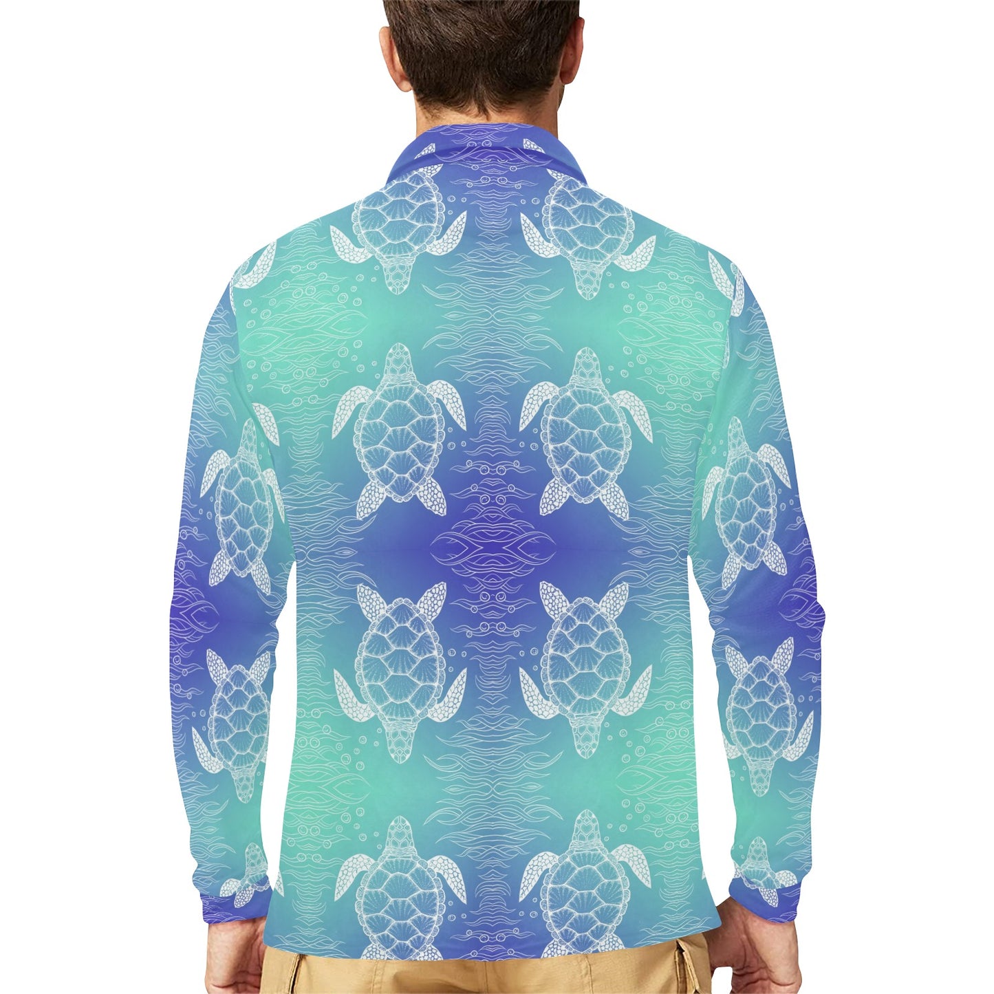 Sea Turtle Draw Long Sleeve Polo Shirt For Men's