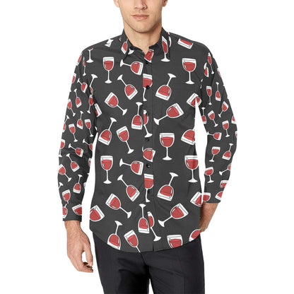 Wine Glass Print Design LKS303 Men's Long Sleeve Dress Shirt