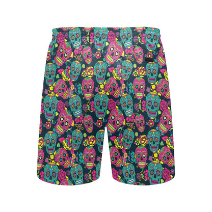 Sugar Skull Floral Design Themed Print Men's Swim Trunks Beach Shorts