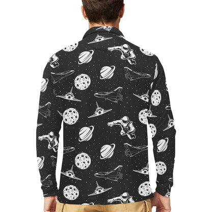 Space Astronauts Print Long Sleeve Polo Shirt For Men's