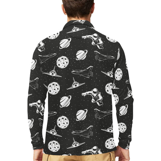 Space Astronauts Print Long Sleeve Polo Shirt For Men's