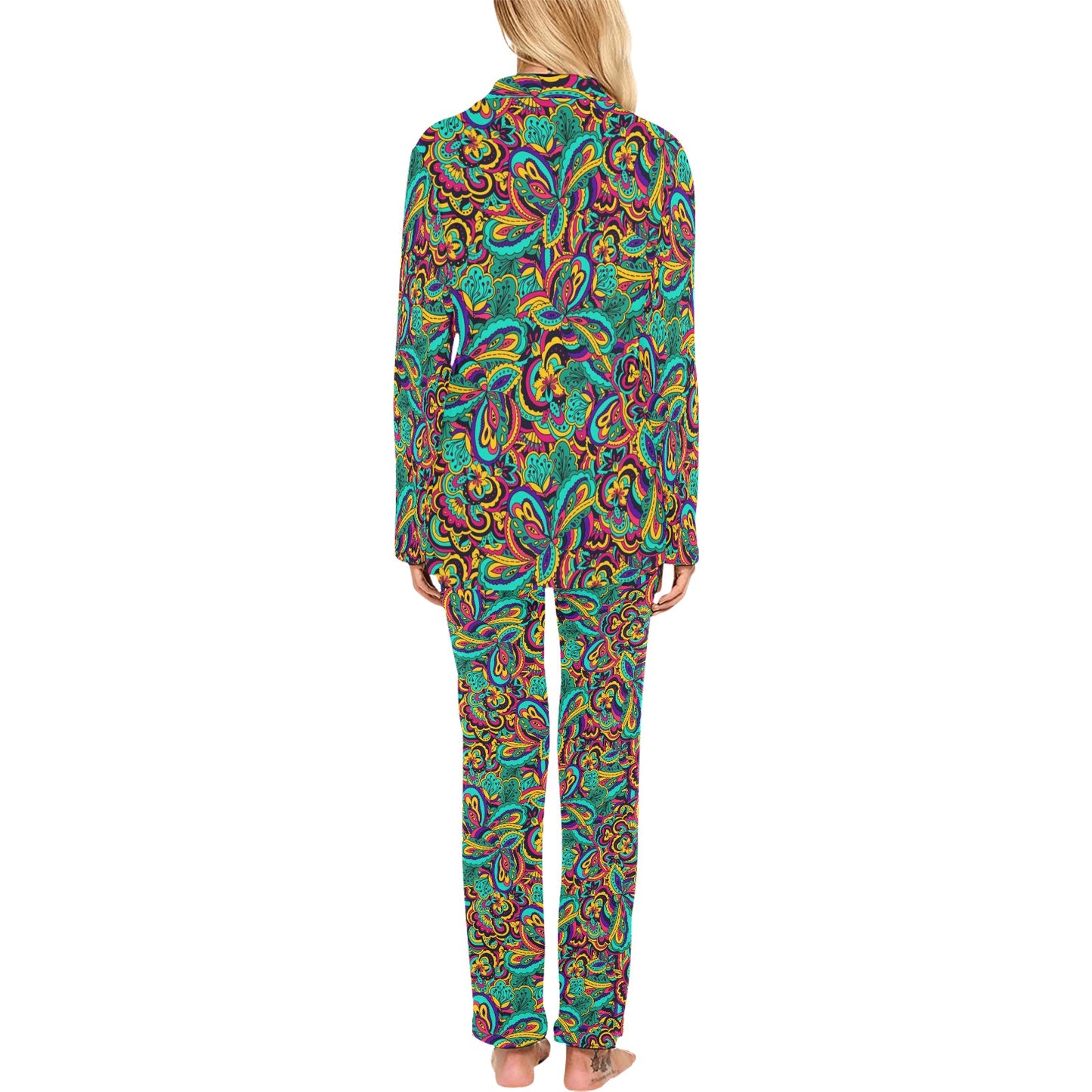 Psychedelic Trippy Floral Design Women's Long Pajama Set