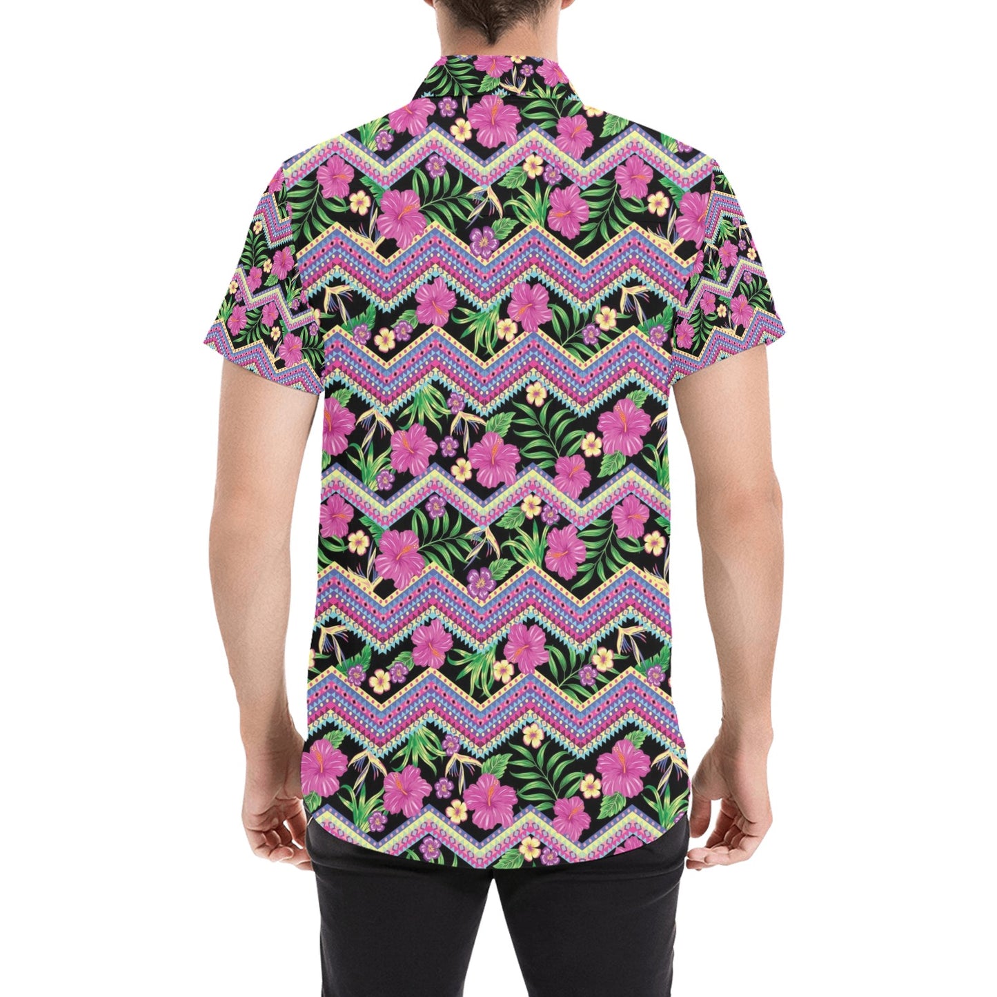 Hibiscus Pink Zigzag Line Pattern Design LKS307 Men Short Sleeve Button Up Shirt