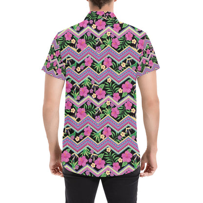 Hibiscus Pink Zigzag Line Pattern Design LKS307 Men Short Sleeve Button Up Shirt