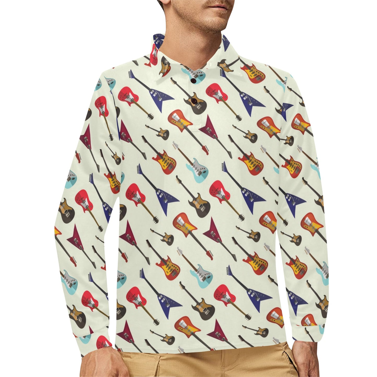 Electric Guitar Print Design LKS404 Long Sleeve Polo Shirt For Men's