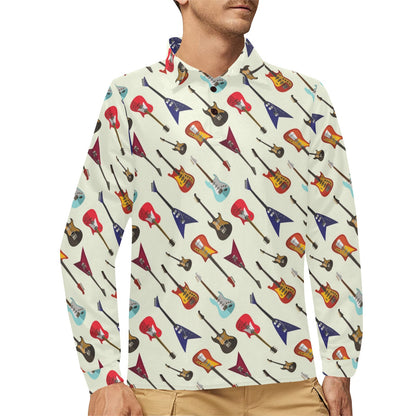 Electric Guitar Print Design LKS404 Long Sleeve Polo Shirt For Men's