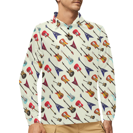 Electric Guitar Print Design LKS404 Long Sleeve Polo Shirt For Men's