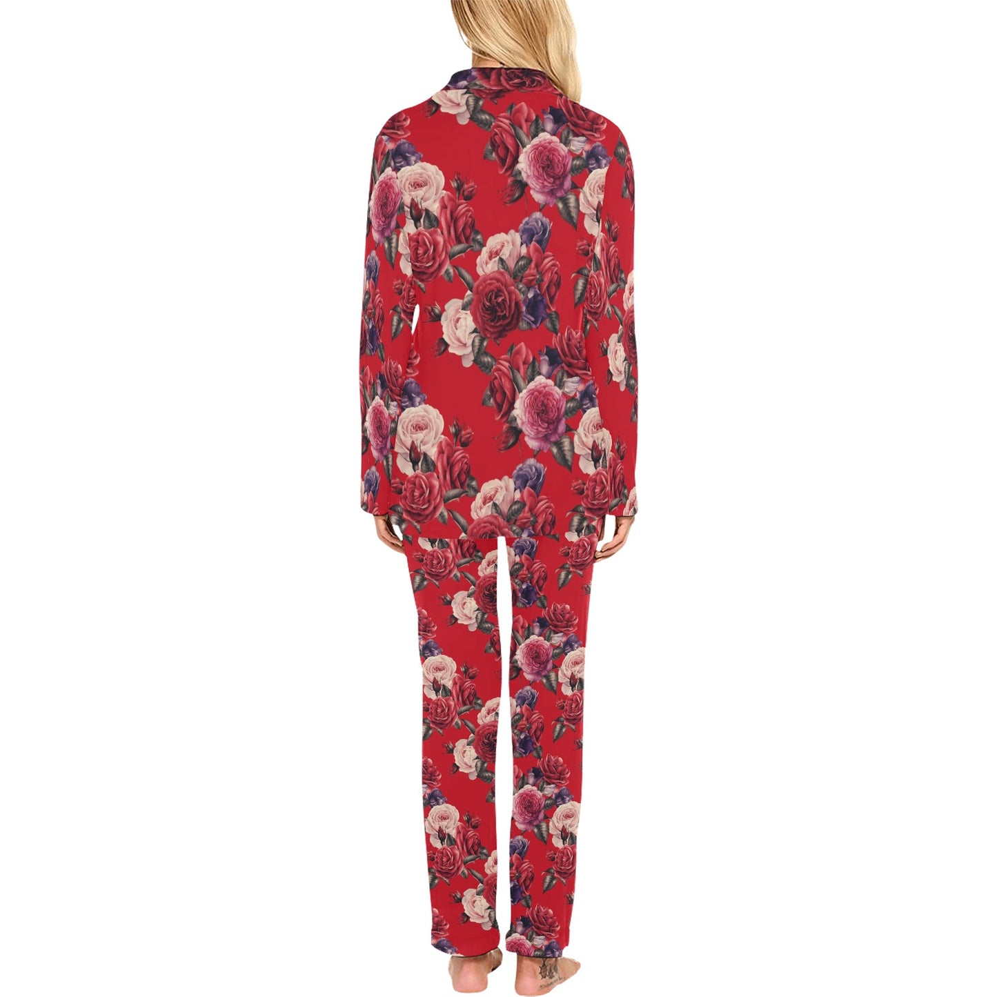Rose Red Pattern Print Design RO07 Women's Long Pajama Set