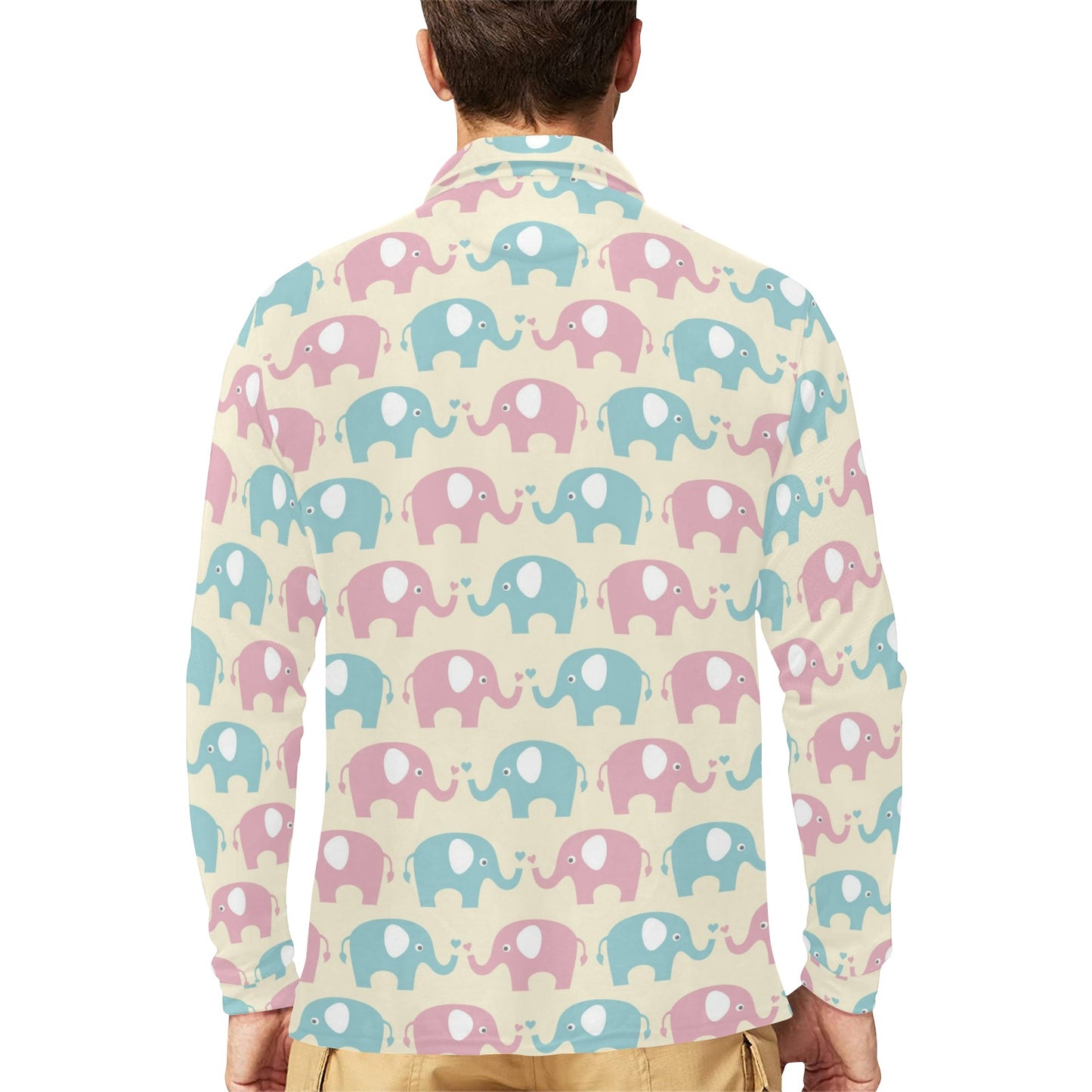 Elephant Baby Pastel Print Pattern Long Sleeve Polo Shirt For Men's