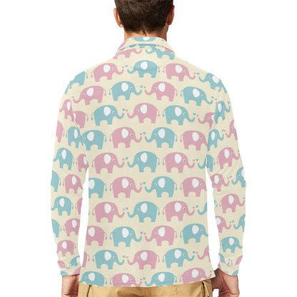 Elephant Baby Pastel Print Pattern Long Sleeve Polo Shirt For Men's