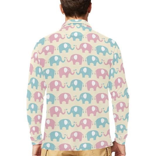 Elephant Baby Pastel Print Pattern Long Sleeve Polo Shirt For Men's