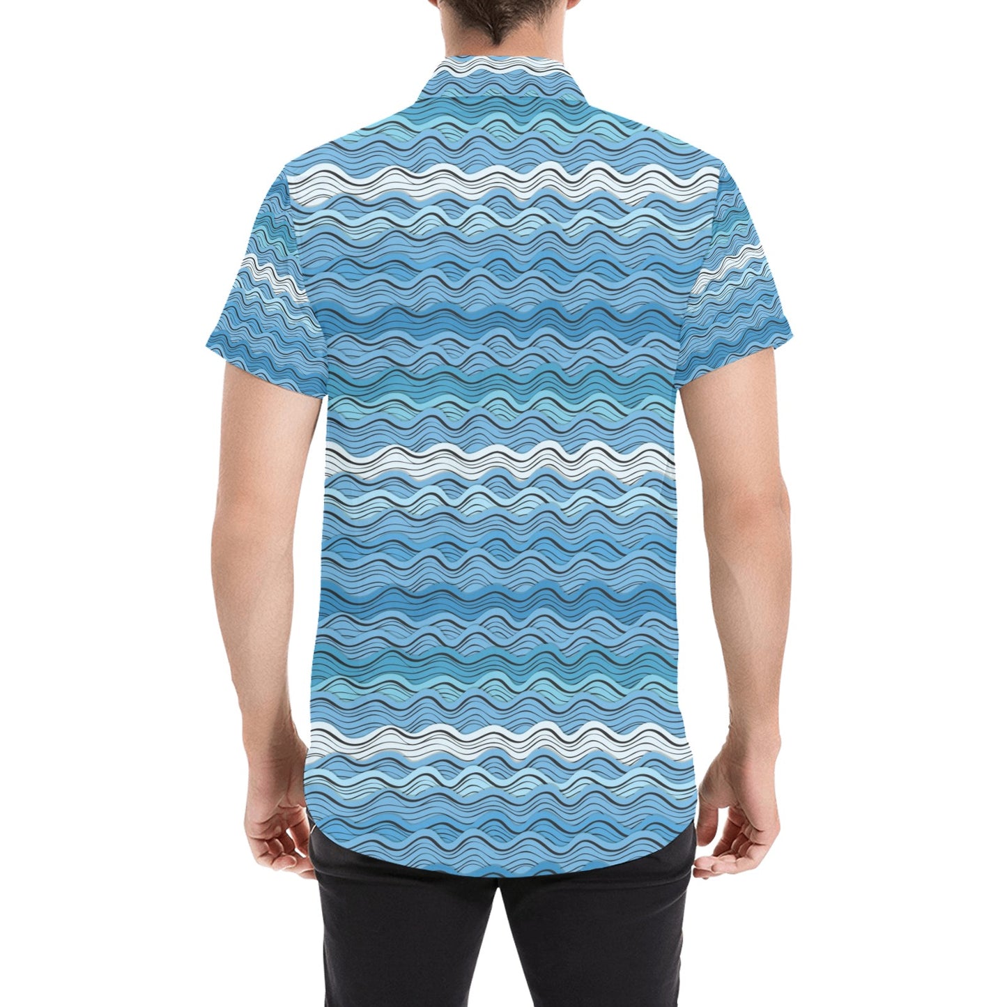 Wave Print Design LKS301 Men Short Sleeve Button Up Shirt