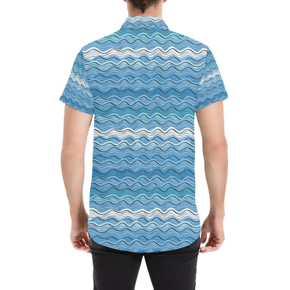 Wave Print Design LKS301 Men Short Sleeve Button Up Shirt