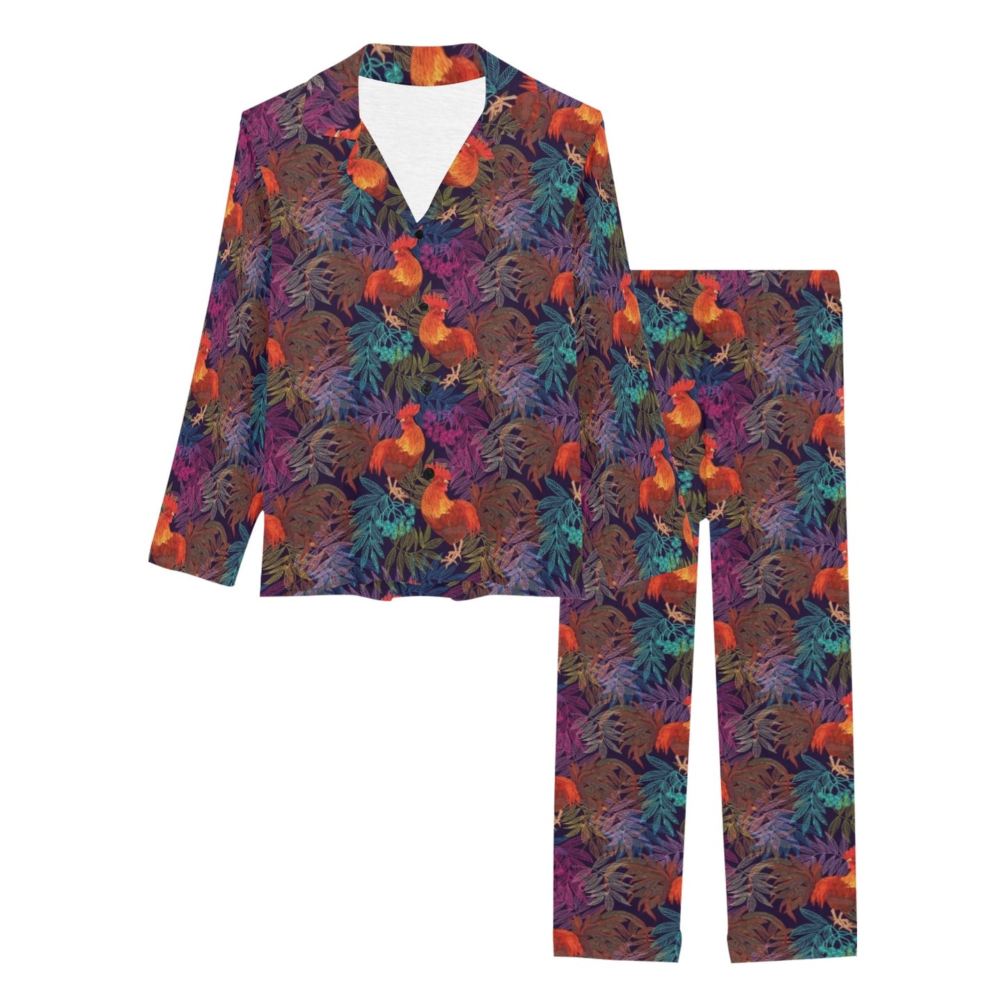 Rooster Print Style Women's Long Pajama Set