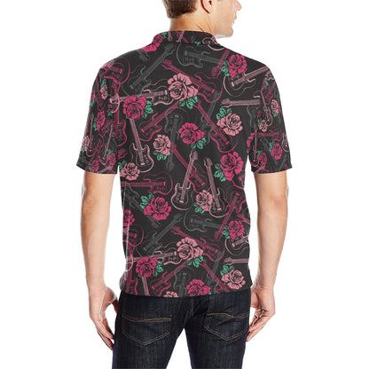 Bass Guitar Pink Rose Pattern Print Design 01 Men Polo Shirt