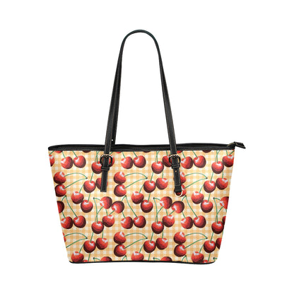 Cherry Orange Plaid Print Leather Tote Bag
